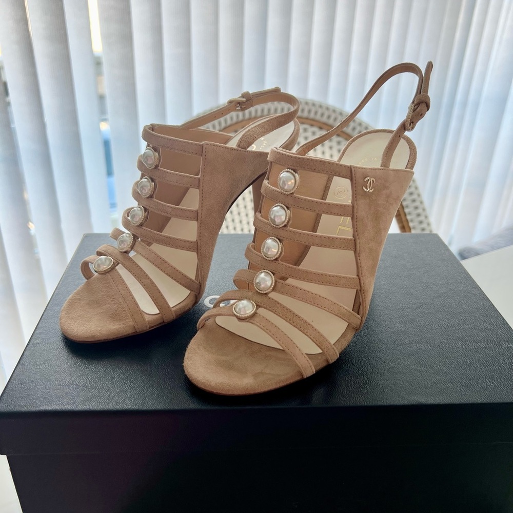 Chanel Suede Open Toe Caged Heel Sandals Beige 36 NIB